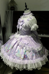 Purple [Wisteria Garden] Square Collar Triple-Layered Printed Ruffled Bow Lace Sweet Lolita Dress Set - Product - 10