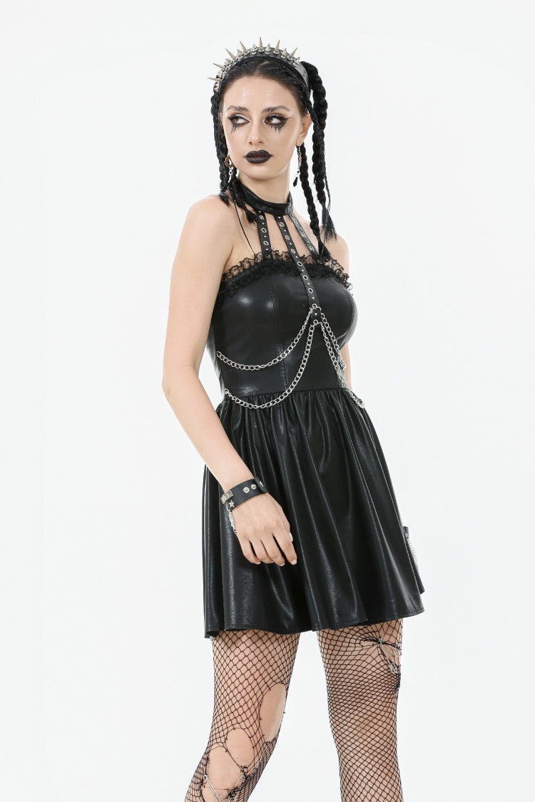 Black Halterneck Zippered Chain-Decorated Eyelet Women's Punk Faux Leather Dress - Product - 7