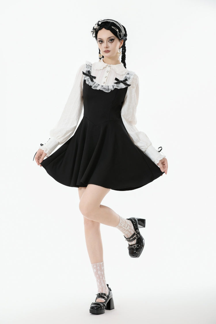 Black/White Faux Two-Piece Doll Collar Long Sleeves Lace-Up Women's Lolita Gothic Graduation Dress - Black/White - 1