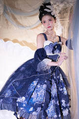Blue [Deep Sea Jellyfish] Print Ruffle Lace Sweet Elegant Lolita Jsk Dress - Product - 7