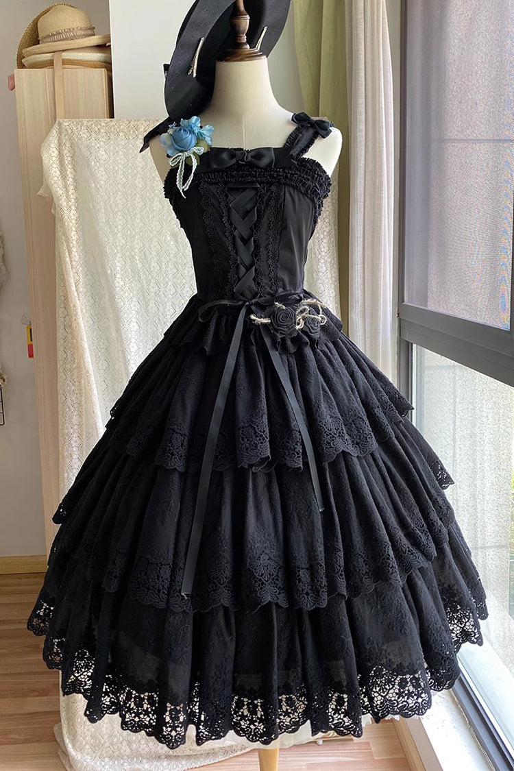 Black [Forest Waltz] Embroidery Bowknot Lace-Up Slim Sweet Elegant Lolita Suspender Top - Black - 1