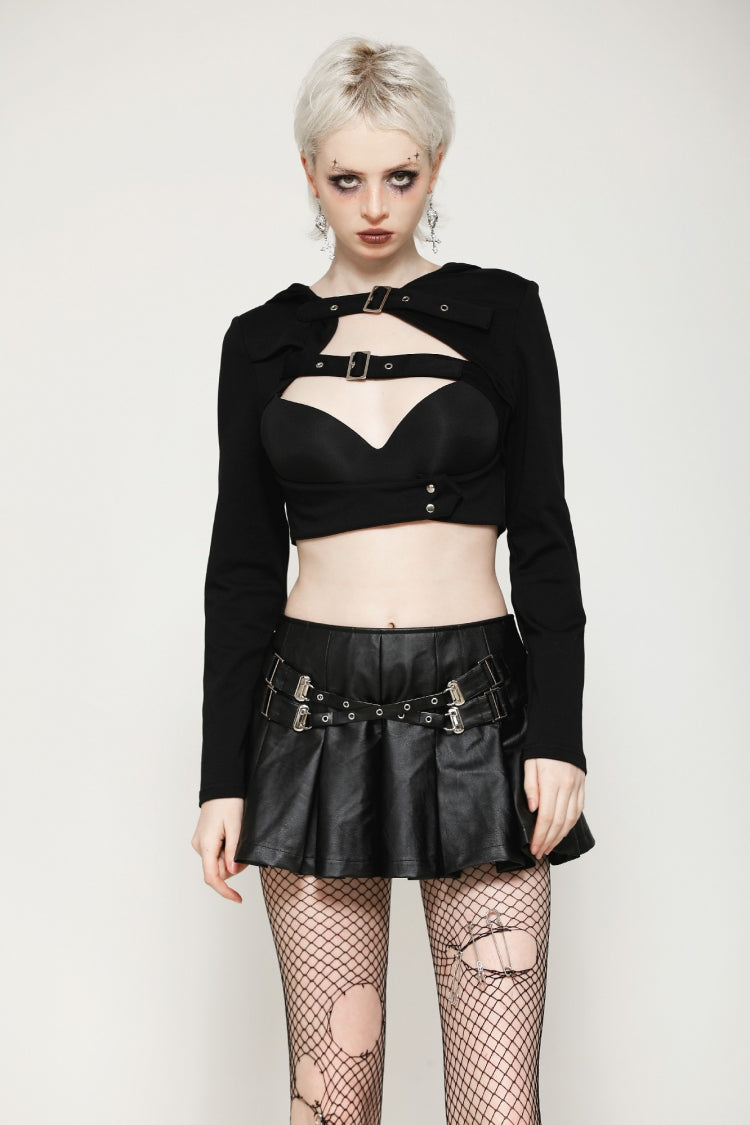 Black Low Waisted Buckle-Up Women's Punk PU Leather Pleated Mini Skirt - Black - 1