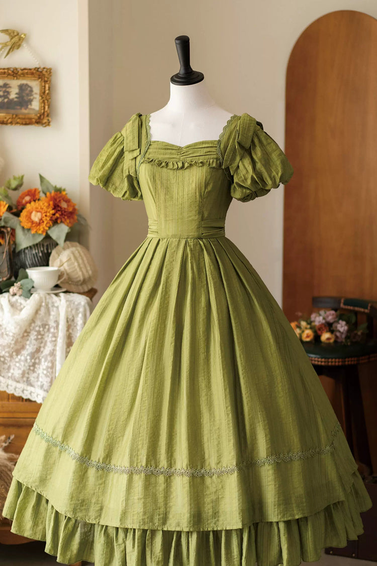 Green [Forest Gallery] Square Collar Short Sleeves Ruffled Bow Classic Vintage Elegant Lolita Dress - Green - 1