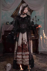 [Heretical Nun] Sleeveless Multi-Layered Printed Ruffled Open-Front Gothic Plus Size Lolita Strap Dress Long Version 2 Colors - Product - 7