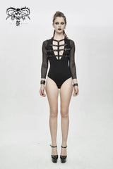 Black Chest Adjustable Leather Loops Splice Mesh Sleeve Connecting Crotch Women's Punk T-Shirt - Product - 3
