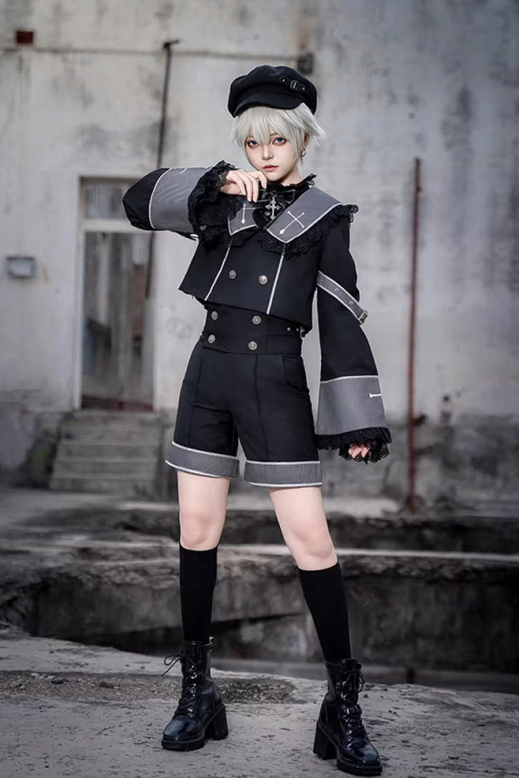 Black [Rules of the Otherworld] Long Sleeves Gothic Ouji Lolita Shorts Coat Set - Black (Set) - 1