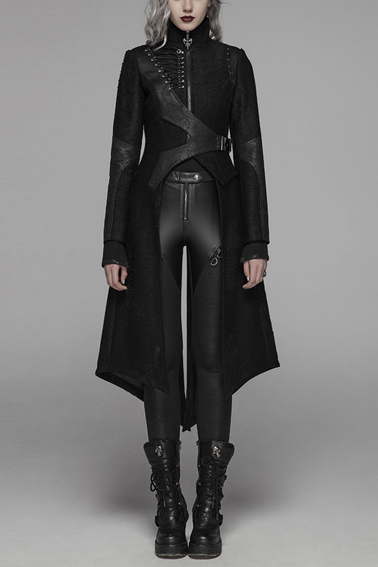 Black Stand Collar Long Sleeves Asymmetric Design Stitching Irregular Womens Steampunk Coat - Black - 1