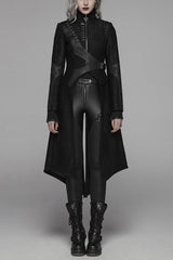 Black Stand Collar Long Sleeves Asymmetric Design Stitching Irregular Womens Steampunk Coat - Black - 1