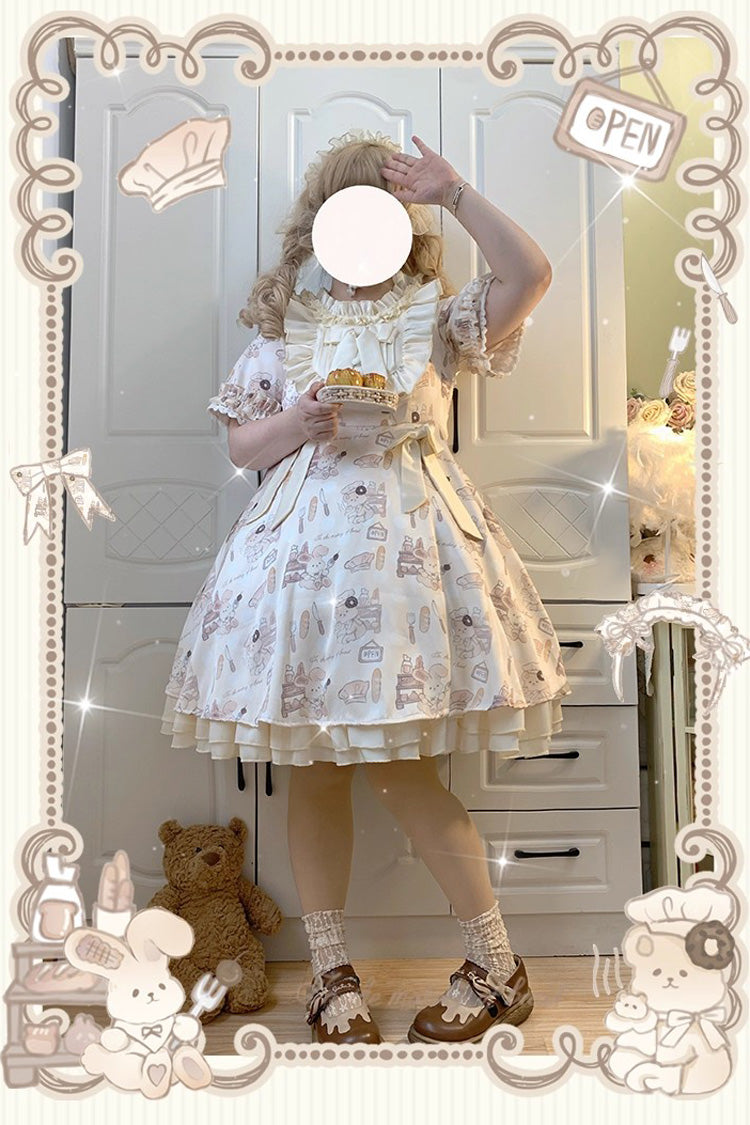 Ivory Short Puff Sleeves Print Ruffle Bowknot Plus Size Princess Lolita Dress - Product - 8