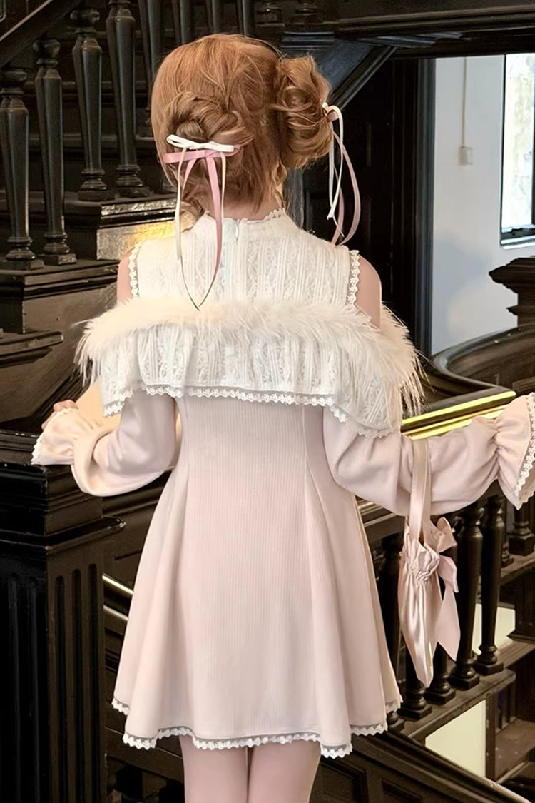 Pink [Little Love Song] Stand Collar Off Shoulder Long Sleeves Lace Sweet Japanese Elegant Lolita Dress - Product - 3