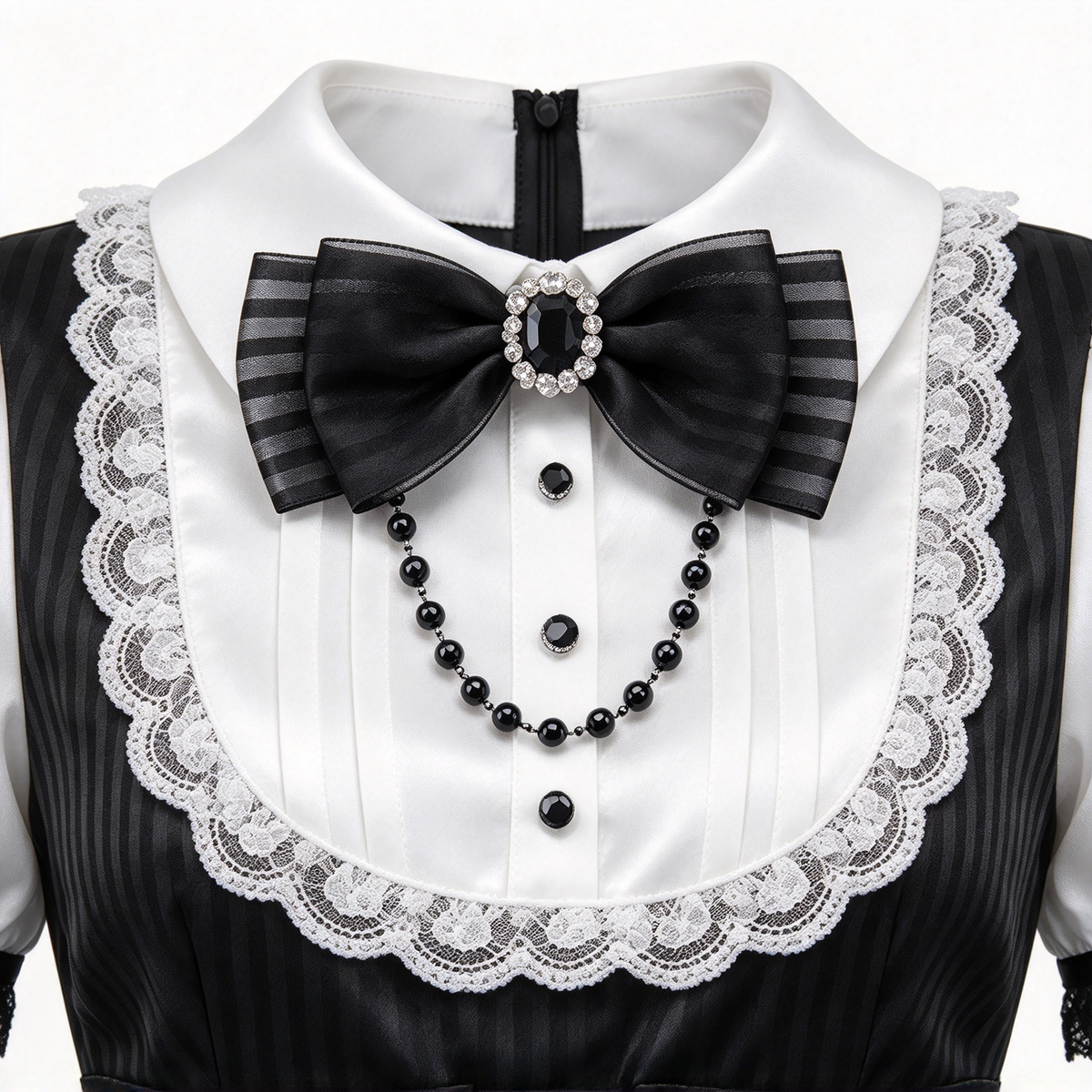 Black and White Striped Ruffled Maid Lolita Dress with Vest Bow Accent - view 2