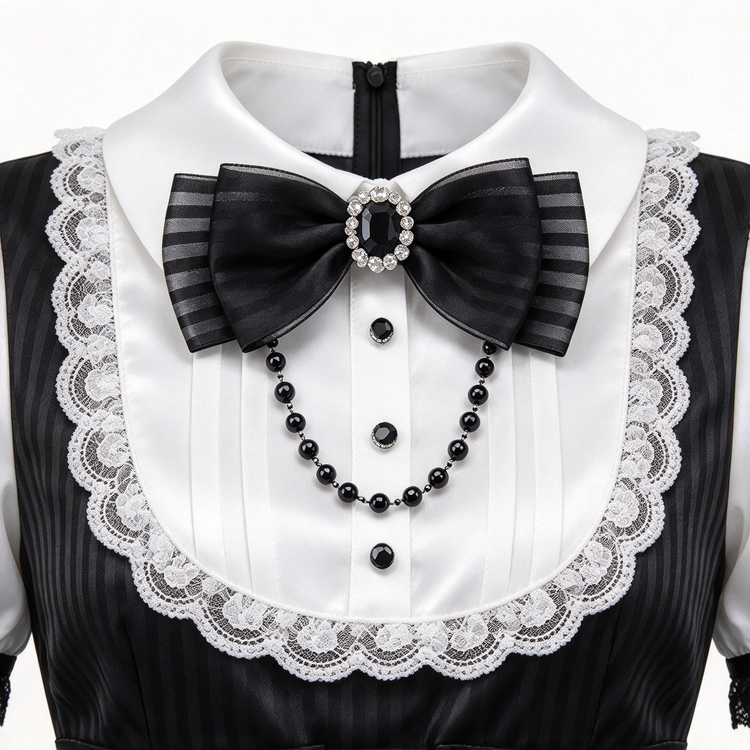 Black and White Striped Ruffled Maid Lolita Dress with Vest Bow Accent - view 2
