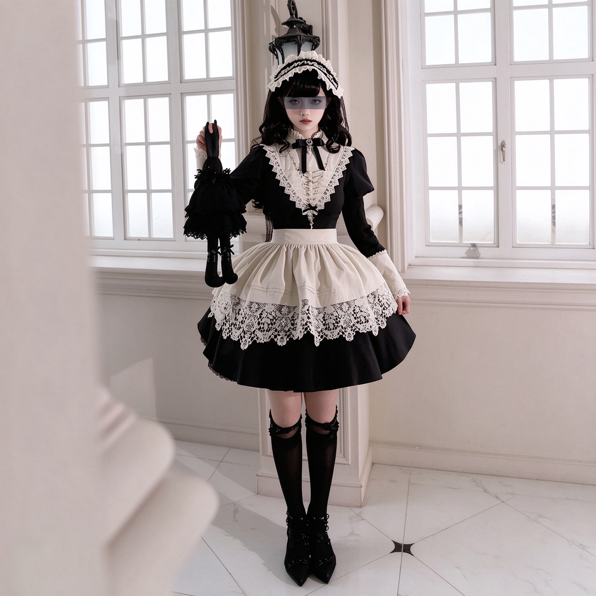 Black and White Plaid Ruffled Maid Lolita Dress with Apron Bow Accent - view 13