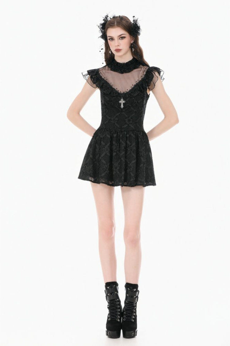 Black Ruffled Mock Neck Floral Cross Lace Splice Sheer Mesh Sleeveless Lace-Up Women's Gothic Dress - Product - 9