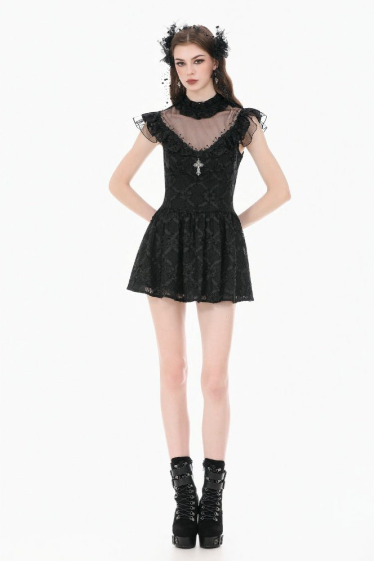 Black Ruffled Mock Neck Floral Cross Lace Splice Sheer Mesh Sleeveless Lace-Up Women's Gothic Dress - Product - 9