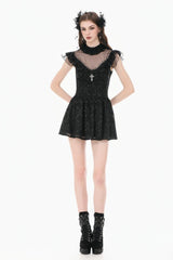Black Ruffled Mock Neck Floral Cross Lace Splice Sheer Mesh Sleeveless Lace-Up Women's Gothic Dress - Product - 9