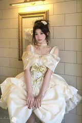 Gold [Proxima Centauri] Off Shoulder Ruffle Bowknot Sweet Princess Lolita Dress - Product - 2