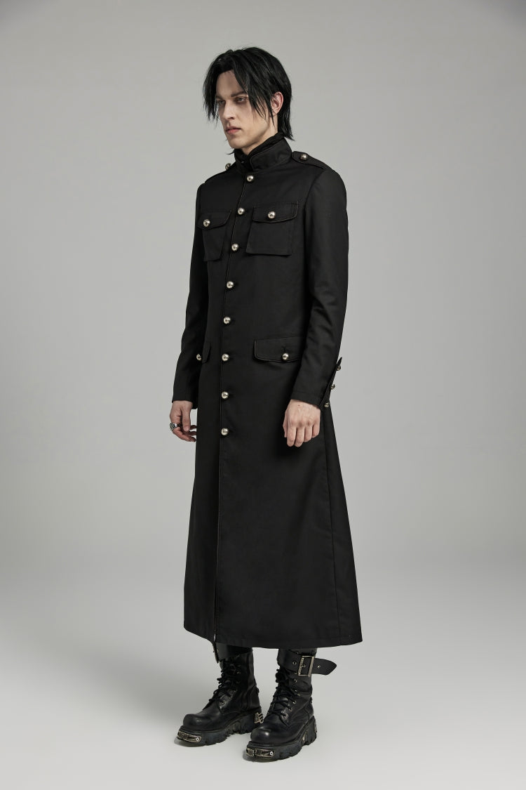 Black Stand Collar Slim Big-Pocket Men's Gothic Coat - Product - 3