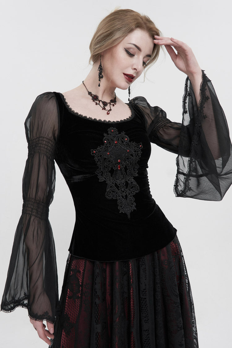 Black Velvet Paneled Chiffon Long Sleeves Chest Applique With Blood Red Diamonds Women's Gothic T-Shirt - Product - 3