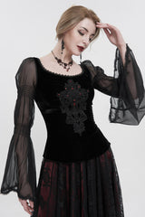 Black Velvet Paneled Chiffon Long Sleeves Chest Applique With Blood Red Diamonds Women's Gothic T-Shirt - Product - 3