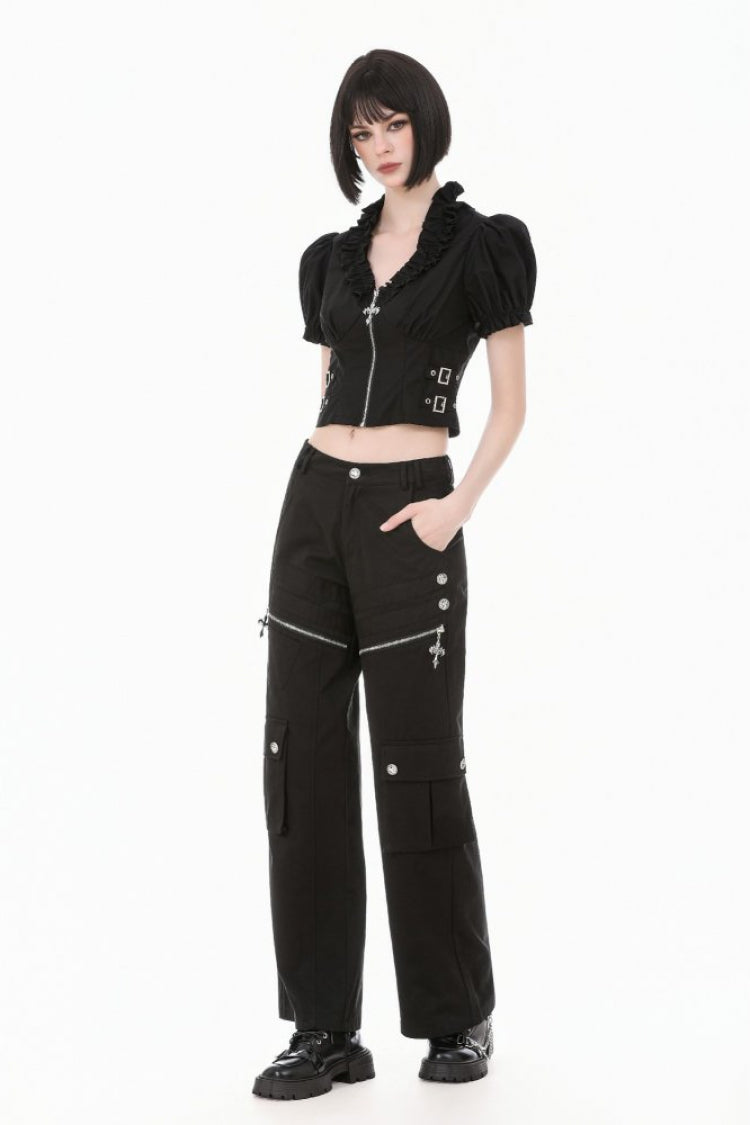 Black Women's Punk Ruffled V Collar Short Puff Sleeves Buckled Waist Zippered Crop Top - Product - 7