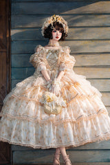 Yellow [Rose Letter] Off Shoulder Triple-Layered Print Ruffle Hanayome Sweet Princess Lolita Dress - Product - 2