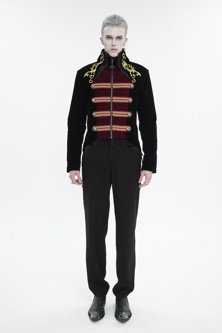 Black/Red Retro Totem Embroidered Swallow Tailed Men's Gothic Coat - Product - 3