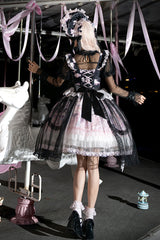 Black/Pink [Pegasus Park] Multi-Layered Print Ruffle Bowknot Lace Sweet Gorgeous Lolita Jsk Dress - Product - 11
