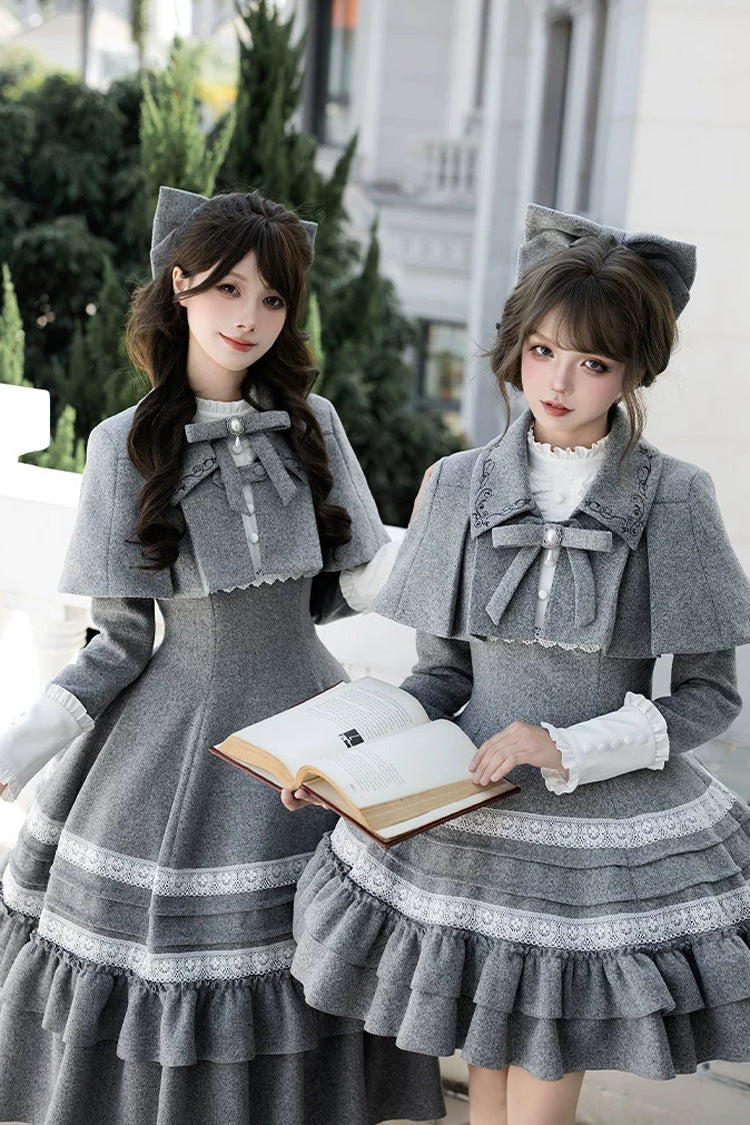 Grey [Letters and Poems · Old Memories] Stand Collar Long Sleeves Double-Layered Ruffled Bow Classic Elegant Lolita Dress 2 Versions - Product - 7