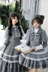Grey [Letters and Poems · Old Memories] Stand Collar Long Sleeves Double-Layered Ruffled Bow Classic Elegant Lolita Dress 2 Versions - Product - 7