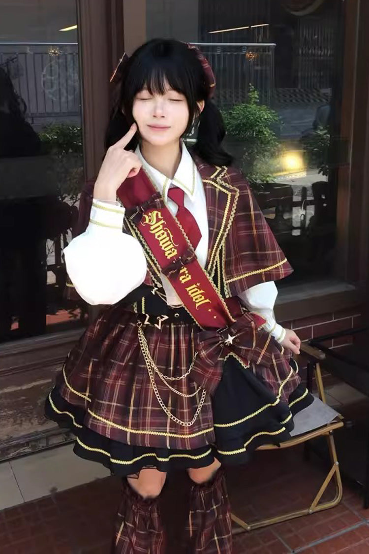 Red [Shōwa Little Idol] Lapel Collar Long Sleeves Ruffled Open-Front Bow Asymmetric Classic Lolita Skirt Set - Product - 9