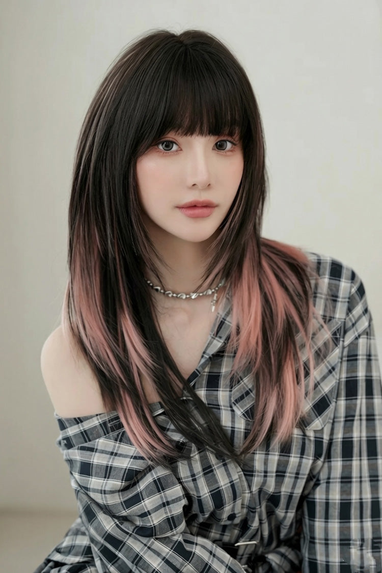 Black/Pink Ombre Fluffy High-Layered Long Straight Wig with Air Bangs - Product - 6