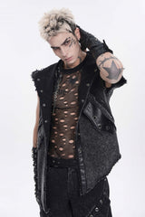 Black Spliced Hooded Buckled Eyelet Men's Punk Cool Vest - Product - 5