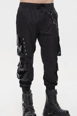 Black Punk Multi Pocket Splicing Illusory Color Removable Metal Left Chain Design Cargo Men's Pants - Product - 5