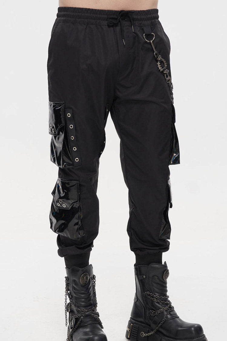 Black Punk Multi Pocket Splicing Illusory Color Removable Metal Left Chain Design Cargo Men's Pants - Product - 5
