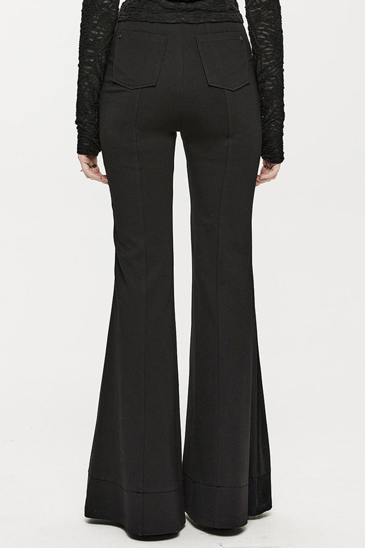 Black Stretch-Knit Paneled Faux Leather Waistband Ghost Button Flared Women's Punk Pants - Product - 2