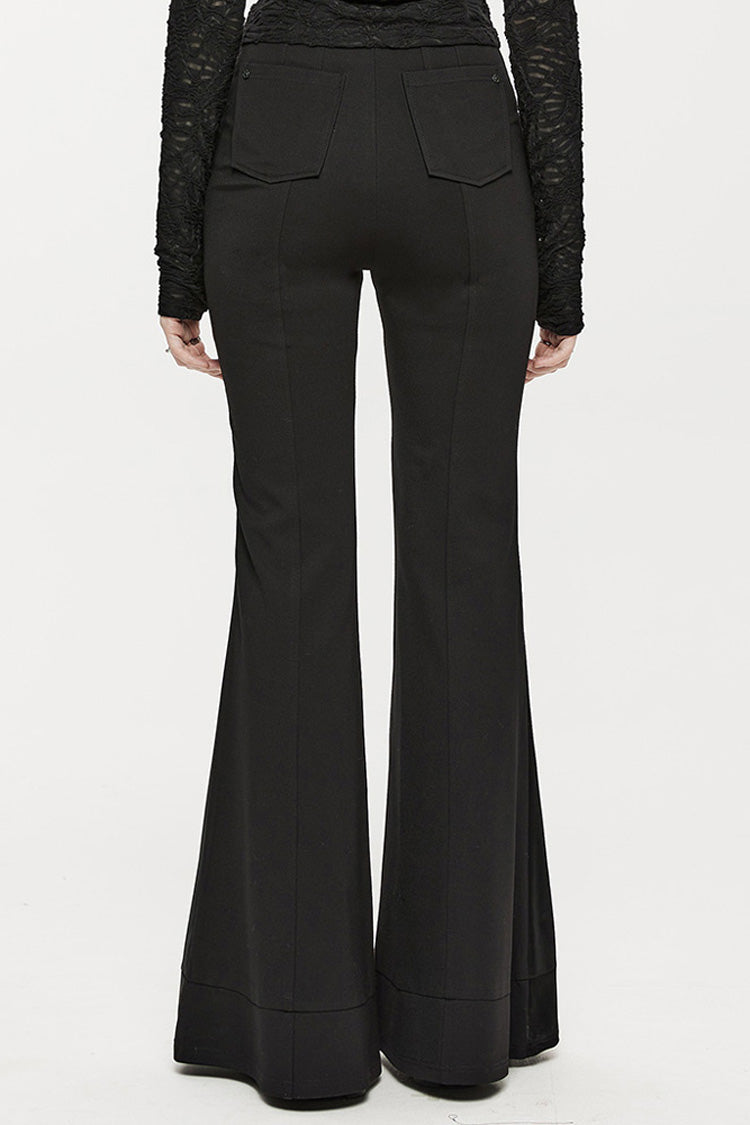 Black Stretch-Knit Paneled Faux Leather Waistband Ghost Button Flared Women's Punk Pants - Product - 2