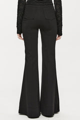 Black Stretch-Knit Paneled Faux Leather Waistband Ghost Button Flared Women's Punk Pants - Product - 2