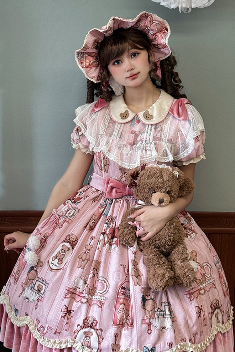 Pink Bear Doll Wall Print Short Sleeves Ruffle Embroidery Bowknot Sweet Lolita Dress - Product - 6