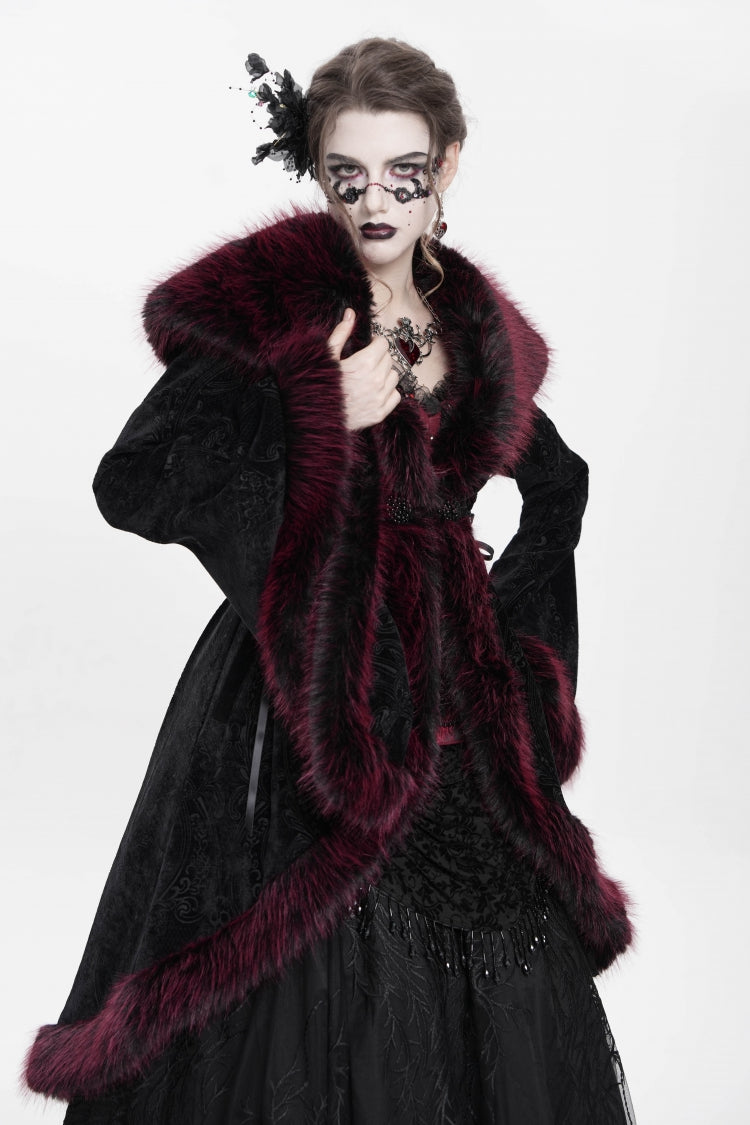 Red Long Sleeves Floral Embroidery Women's Gothic Fluffy Coat - Product - 2