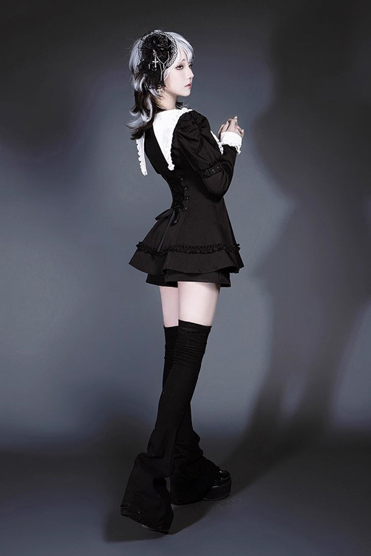 Black/White Long Sleeves Ruffle Bowknot Jirai Kei Japanese Witch Set - Product - 8