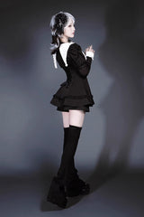Black/White Long Sleeves Ruffle Bowknot Jirai Kei Japanese Witch Set - Product - 8