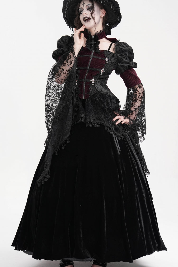 Wine Red Long Sleeves Hollow Lace Tassels Women's Gothic Jacket - Product - 5