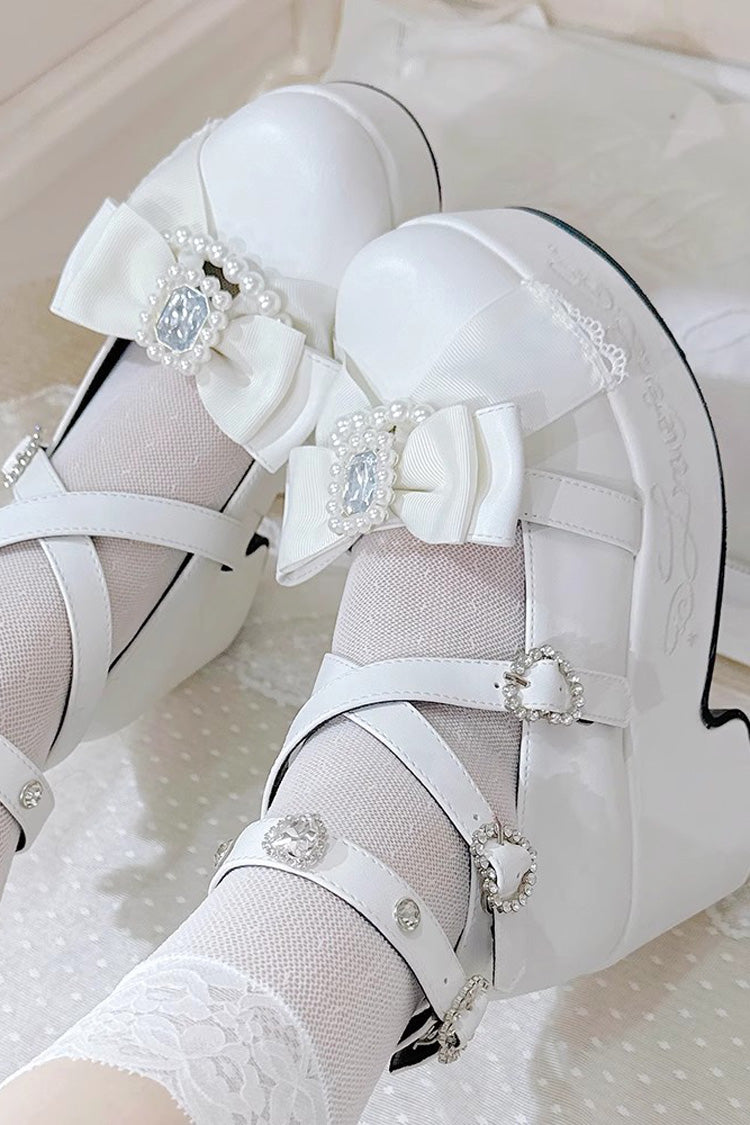 [Declaration Of First Love] Embroidery Bowknot Sweet Jirai Kei Japanese Platforms Shoes 4 Colors - White - 4