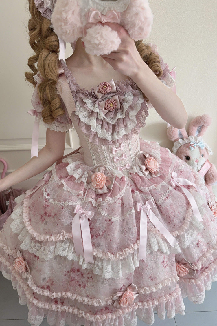 Pink [Rose Manor] Short Puff Sleeves Ruffle Bowknot Lace Sweet Japanese Princess Lolita Dress - Product - 9