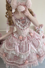 Pink [Rose Manor] Short Puff Sleeves Ruffle Bowknot Lace Sweet Japanese Princess Lolita Dress - Product - 9