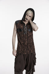 Black/Coffee  Sleeveless Spliced Lace-Up Hooded Mesh Pearl-Decorated Eyelet Men's Punk T-Shirt - Product - 8