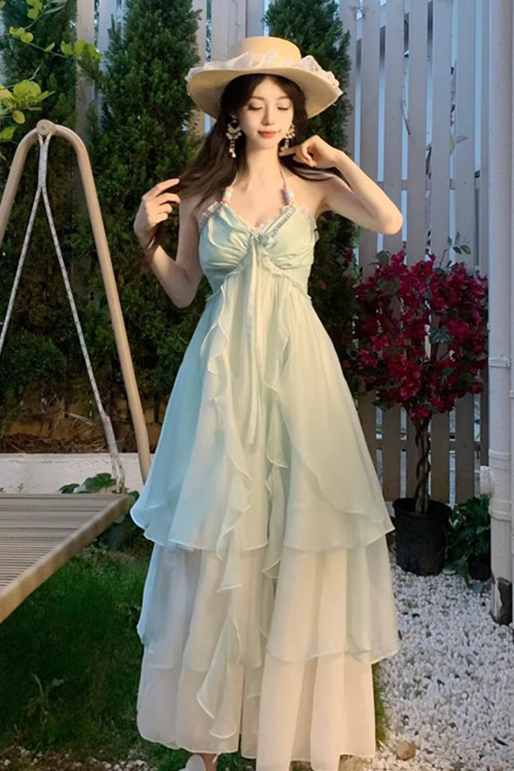 Mint Green [Dreaming About The Sea] Sleeveless Triple-Layered Ruffle Lace-Up Sweet Lolita Jsk Dress - Product - 2