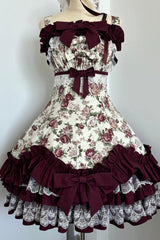 Burgundy Rose Flower Wall Printed Off Shoulder Sleeveless Ruffled Bow Lace Gothic Lolita Jsk Dress - Product - 7