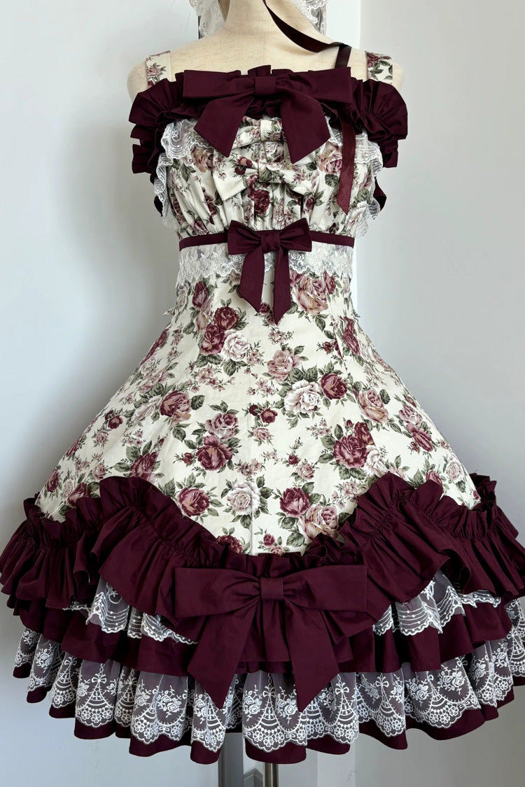 Burgundy Rose Flower Wall Printed Off Shoulder Sleeveless Ruffled Bow Lace Gothic Lolita Jsk Dress - Product - 7